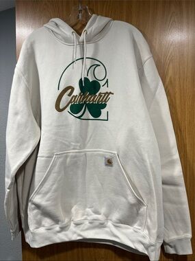 Carhartt Men’s Cream Crewneck Hoodie with Green Clover & Gold Script